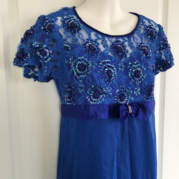 Royal Blue Short Sleeve Sequin Gown with Skirt Overlay Long Evening Dress Prom - Picture 5 of 7